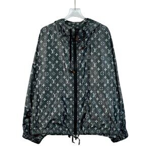 Louis Vuitton Black & Gray Logo Print Hooded Zipper Jacket 38 S Polyester/Silk